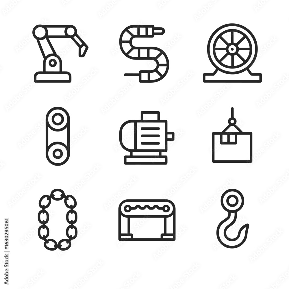 Poster robotics drag icons. outline icon set of drag in robotics and machinery: drag arm, drag cable, drag 