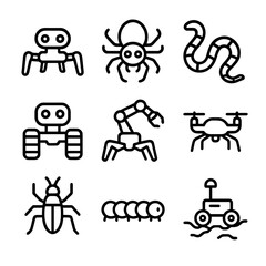 Fototapeta premium Robotic Crawling Icons. Outline icon set of crawling in robotics and technology: crawling robot, spider robot, snake robot,