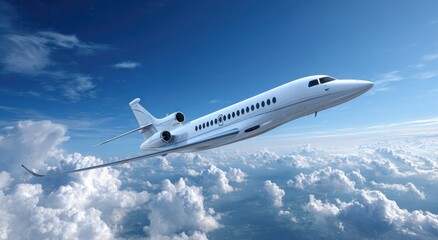 Fototapeta premium White jet plane soaring above fluffy clouds in a vibrant blue sky