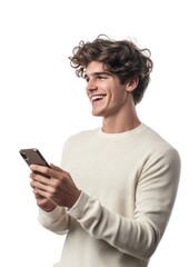 Real young man happy phone background.