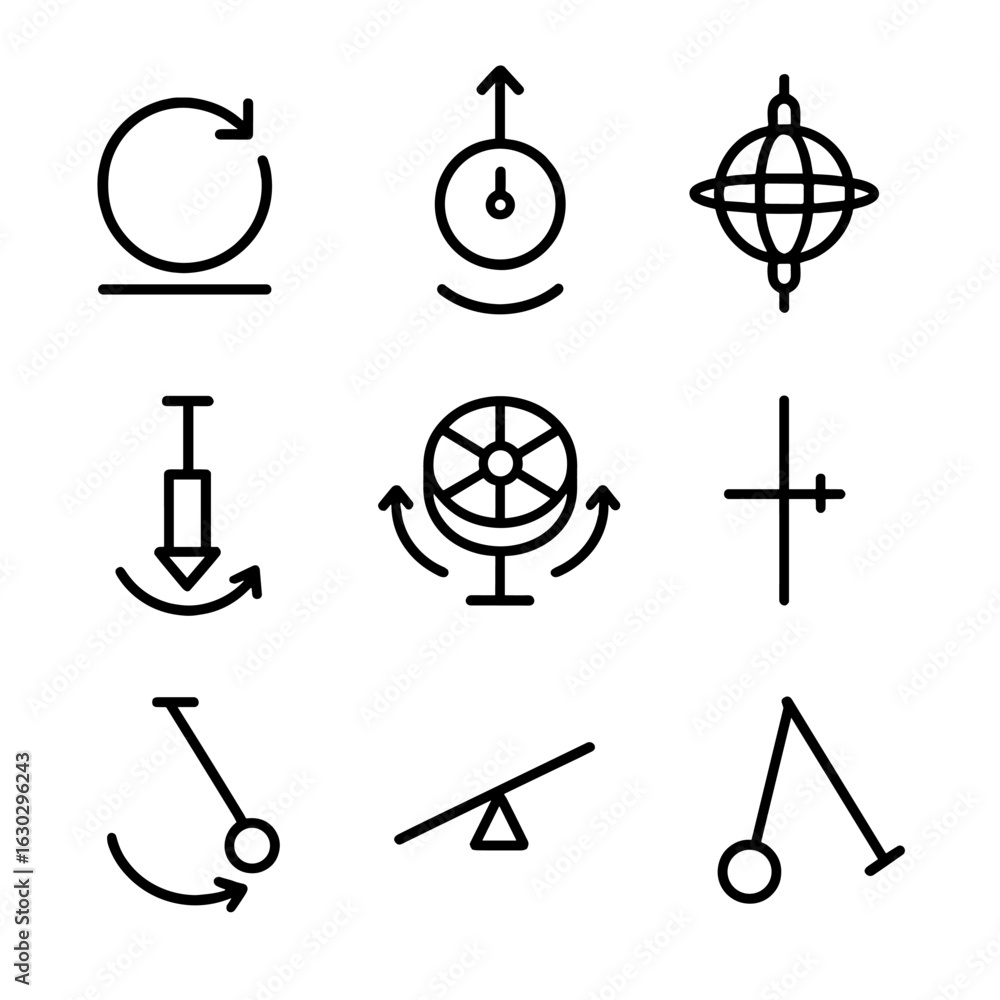 Poster rotation physics icons. outline icon set of rotation in physics: angular momentum, rotational speed,