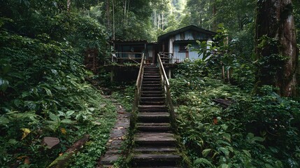 Remote wooden cabin in a wild rainforest