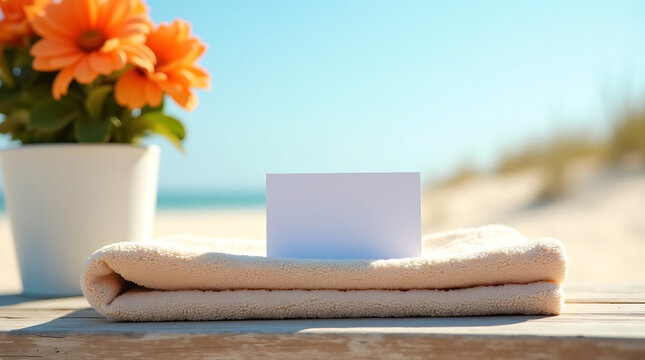 Folded fluffy towel with a blank white card on a wooden surface with orange flowers and a beach background