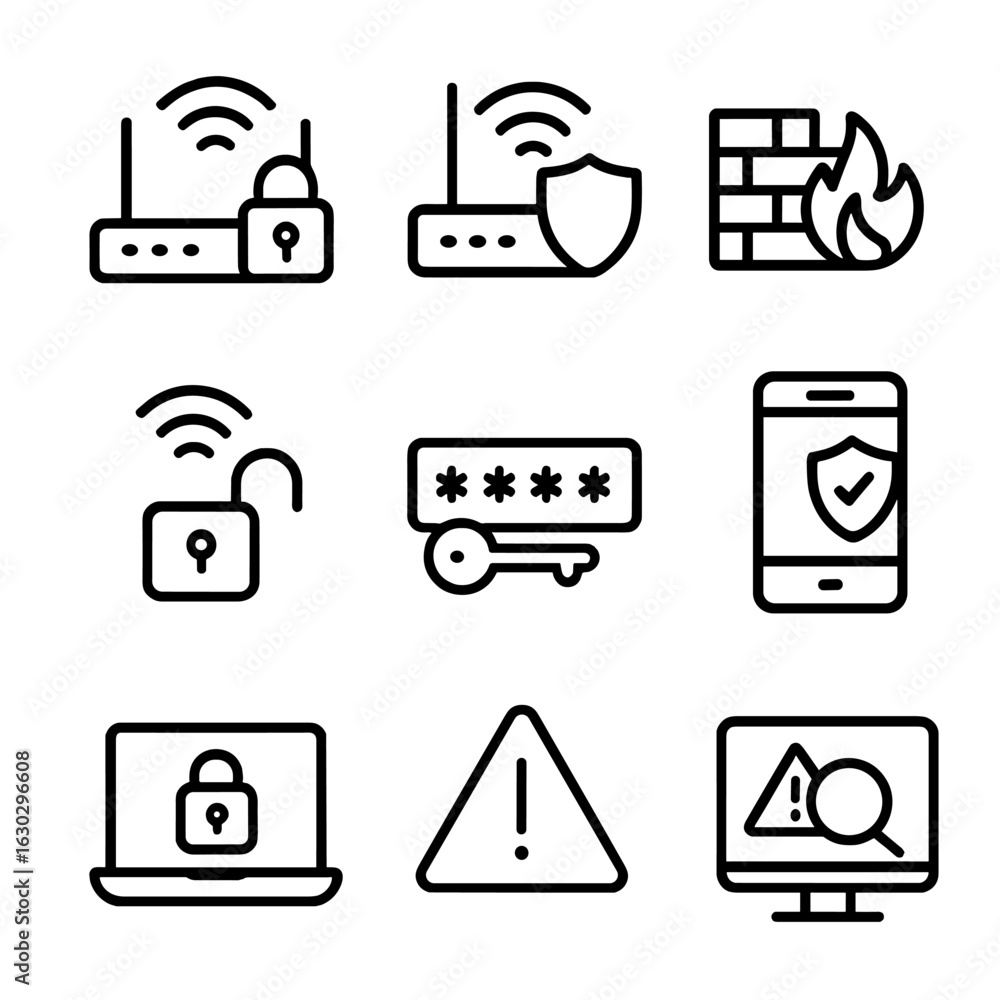 Poster router security icons. outline icon set of router security features: lock, shield, firewall, encrypt