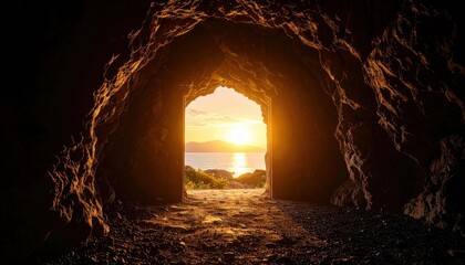 Cave Entrance To Sunset Over Sea