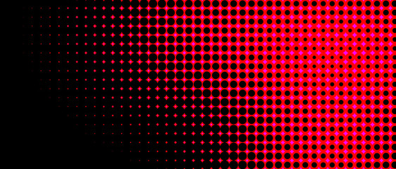 Vibrant neon halftone pattern with fading circles and diamonds on a black background