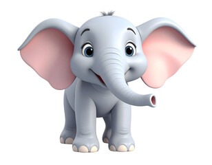 Fototapeta premium Transparent PNG of cute cartoon baby elephant with large pink ears, smiling and standing forward