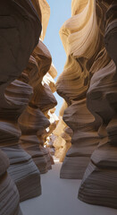 Narrow sandstone canyon with swirling rock formations and a clear sky geology