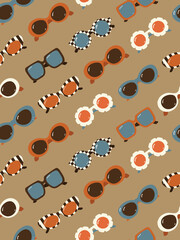 Colorful sunglasses seamless vector pattern with retro frames on tan background diagonal lines