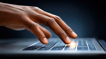 Woman typing on a laptop keyboard with a focus on her fingers and the device's keys