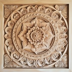 Obraz premium Intricate, symmetrical, carved wooden panel. Ornate floral design, centered rosette, detailed leafwork, rich natural wood tone