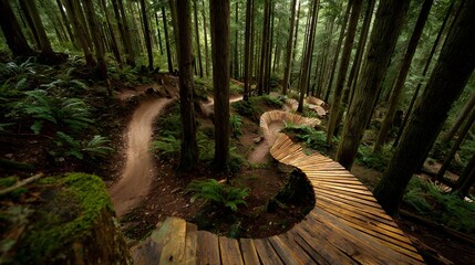 Mountain biker's winding wood trail through lush forest