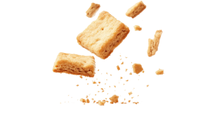 Crispy golden biscuits stacked and arranged isolated on white background