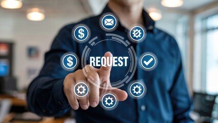 Business professional interacts with digital interface for secure transaction processing and service requests