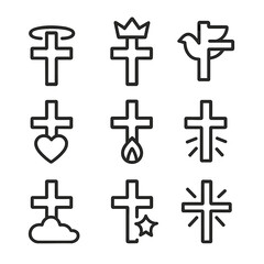 Obraz premium Sacred Cross Icon Set. Outline icon set of sacred cross elements: halo cross, crown cross, dove cross, heart cross, flame cross,