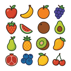 Collection of fresh cartoon vector fruit and berry icons, including apples, strawberries, bananas, cherries, and oranges