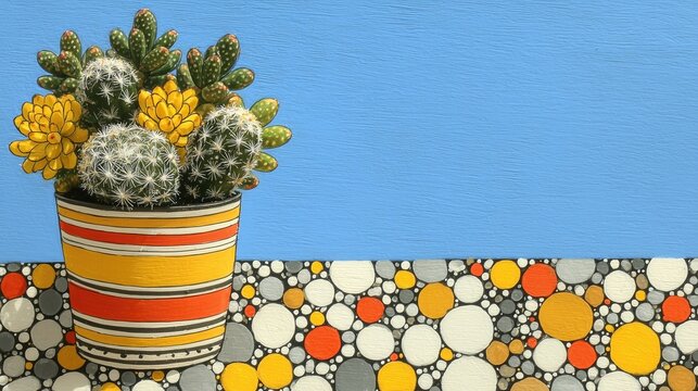 Artistic illustration of cacti and yellow succulents in striped pot, colorful dot - patterned table against blue background, perfect for wallpaper and decor.