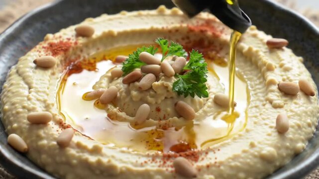 Pouring olive oil over a bowl of creamy hummus with pine nuts, paprika, and parsley, showcasing a delicious Middle Eastern dip, perfect for culinary and healthy eating content