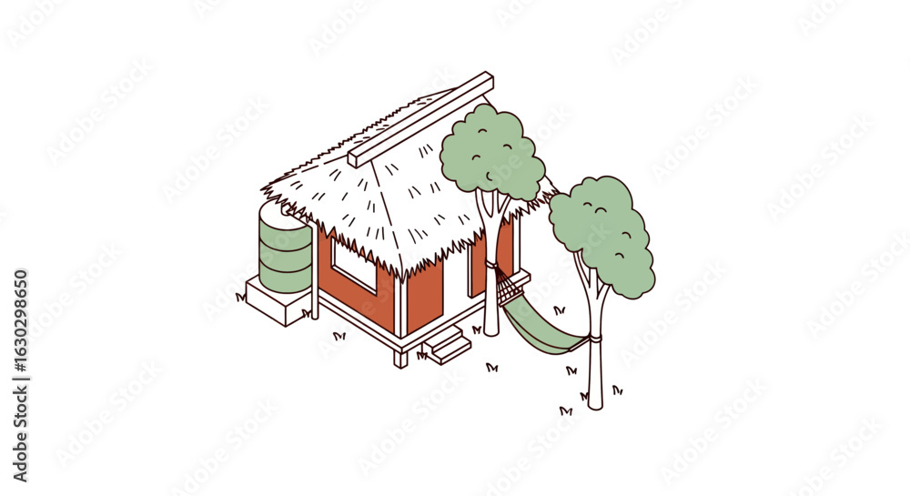 Poster hut with trees and green elements isometric view
