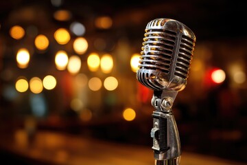 Vintage microphone in a dimly lit bar.  Bokeh lights blur the background