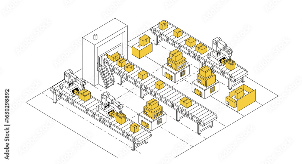 Poster conveyor belt system with boxes in a factory setting