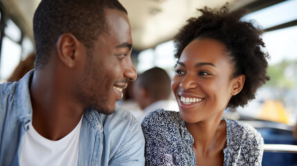 Happy black couple smiling at each other while sitting in a bus.