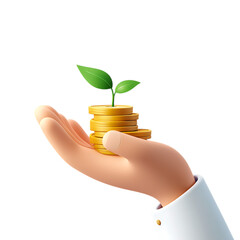 3d png a cartoon hand holding a stack of coins with a small plant growing on top, symbolizing investment growth and financial success isolated on transparent background transparent background