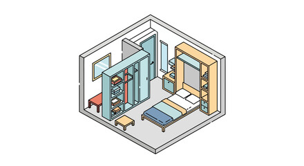 Obraz premium Small bedroom interior isometric view furniture storage
