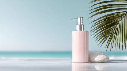 Elegant pink lotion dispenser with palm frond and ocean backdrop for luxury skincare advertising