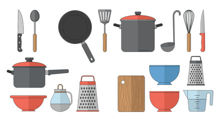 A collection of essential kitchen utensils and cookware illustrated in a clean, flat design style.