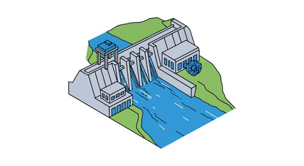 Hydroelectric Dam Power Generation Isometric View