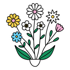 Beautifully drawn vector illustrations of a floral bouquet with colorful blossoms and leaves create a vibrant summer pattern perfect for card design