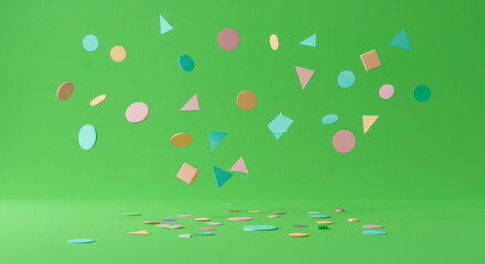 Colorful geometric shapes falling on a green background space green screen confetti