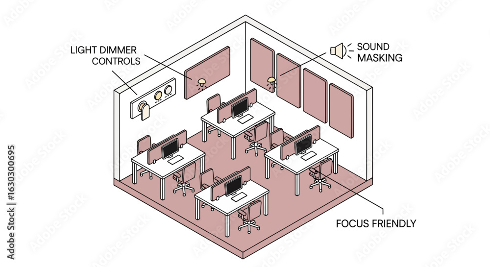 Poster office workspace layout with focus and lighting controls