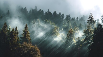 Morning sun rays breaking through foggy