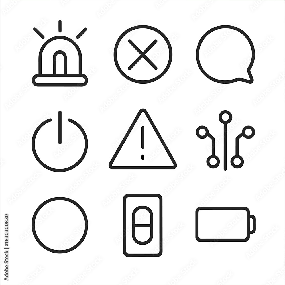 Poster scarlet tech icons. outline icon set of scarlet objects in technology: scarlet warning light, scarle