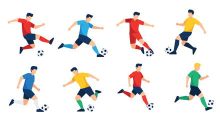 A collection of male soccer players in colorful uniforms, depicted in various dynamic action poses such as kicking and dribbling the ball.