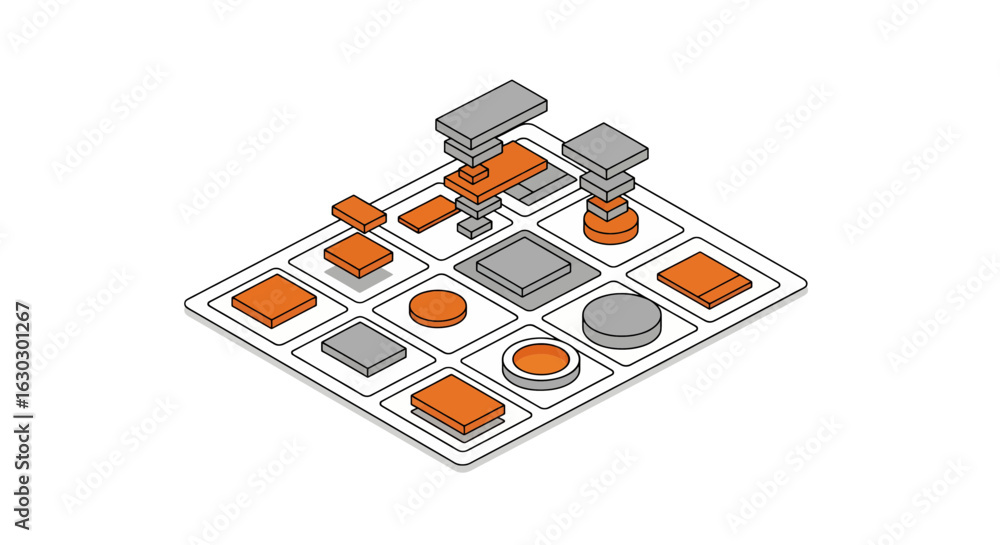 Poster abstract circuit board with orange and gray blocks