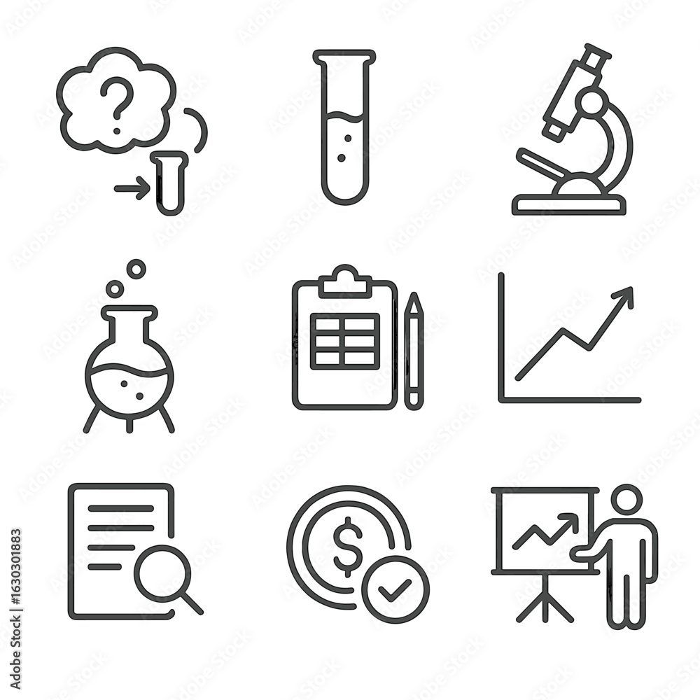 Poster science icons grid. outline icon set of initiation in science and research: hypothesis, lab test, mi