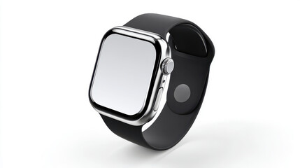 Modern smartwatch with sleek silver bezel and black band isolated on white background