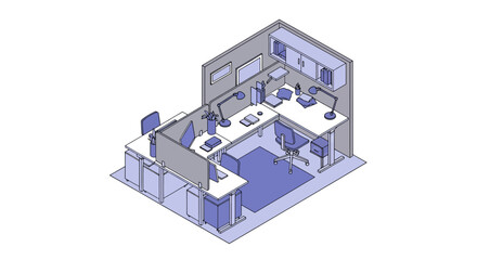 Modern office workspace layout with desks and storage