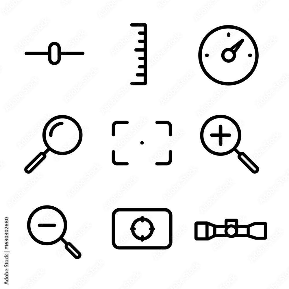 Poster scope icon set. outline icon set of scope magnification: zoom slider, magnification scale, dial poin