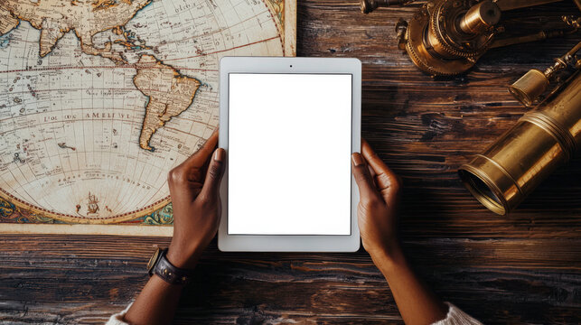 The concept of exploration and travel. A mockup of a tablet with an empty white screen in the hands of a black woman, top view, close-up. There is an antique world map and a gilded telescope