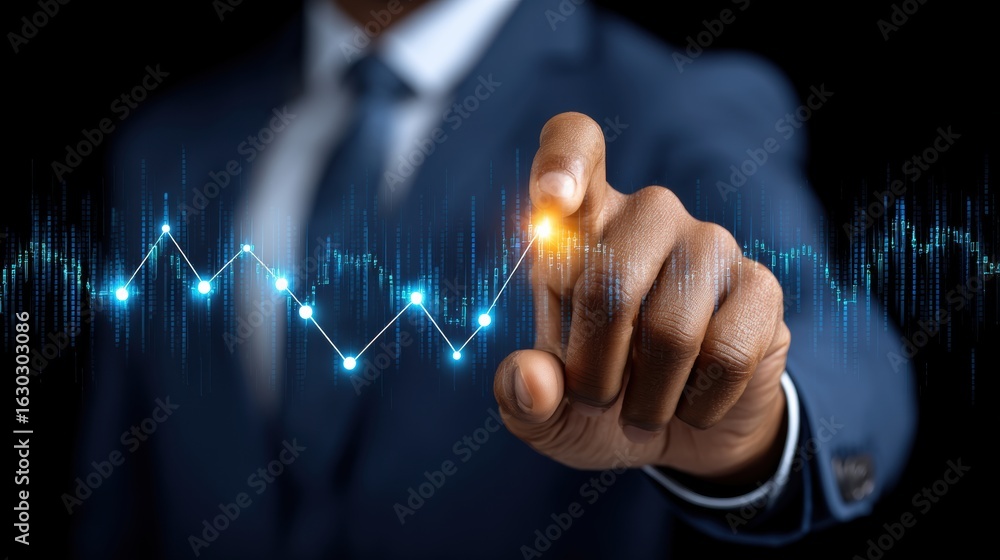 Poster businessman in suit pointing at glowing financial graph with digital data visualization