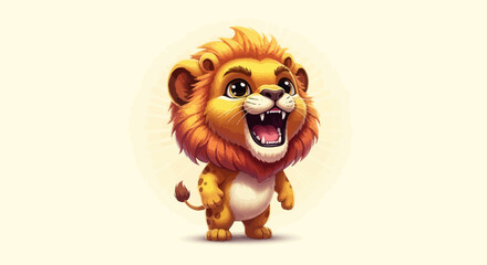An adorable and playful cartoon lion cub character roaring happily. A cute baby wild animal with a fluffy mane, illustrated in a charming, friendly style.