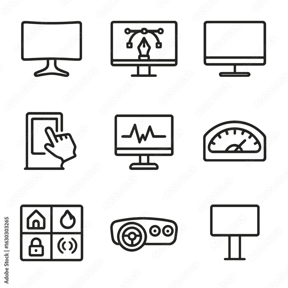 Aufkleber screen type icon set. outline icon set of screen types by usage: gaming monitor, graphic design scre