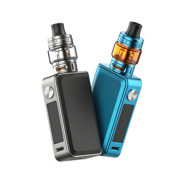 Two modern electronic vaporizers with tanks in black and teal colors isolated on transparent background