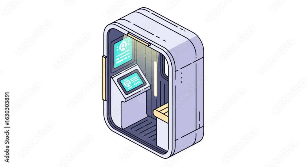 Poster futuristic booth interface with data displays and seating