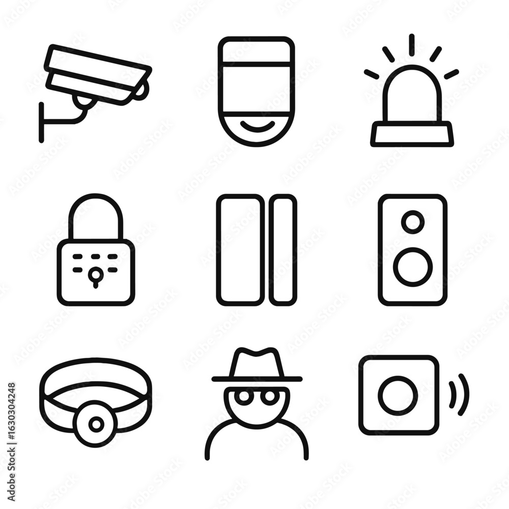 Poster security icon set. outline icon set of tracking devices for security: cctv camera, motion detector, 