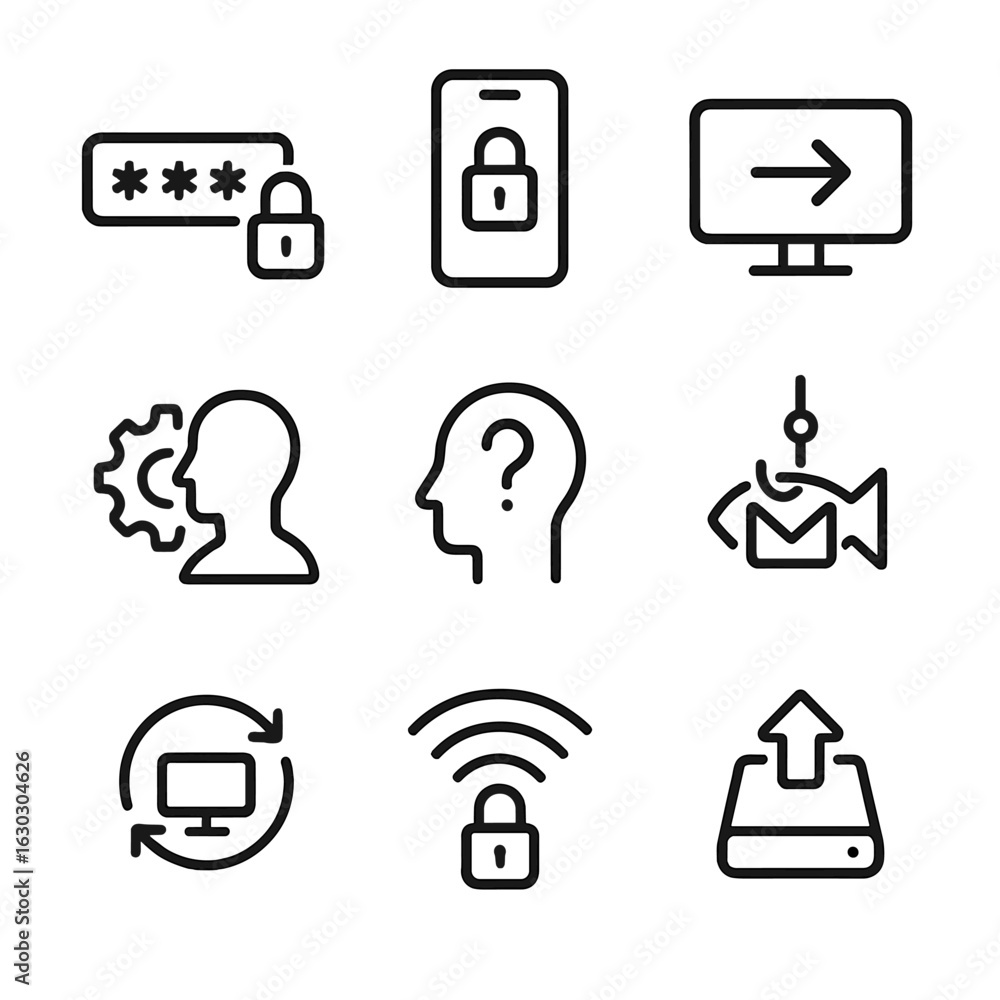 Poster security icon set. outline icon set of user security behavior: strong password, lock screen, logout,